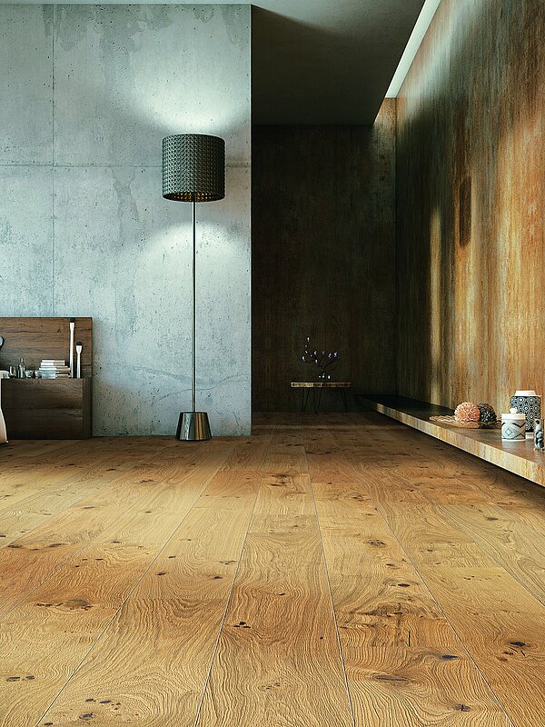 Großes Schlafzimmer mit Parkettboden und Wänden aus Beton und Holz