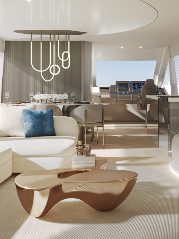 Metallic Kupfer Innenausbau einer Yacht in hellen Tönen und Taupetönen